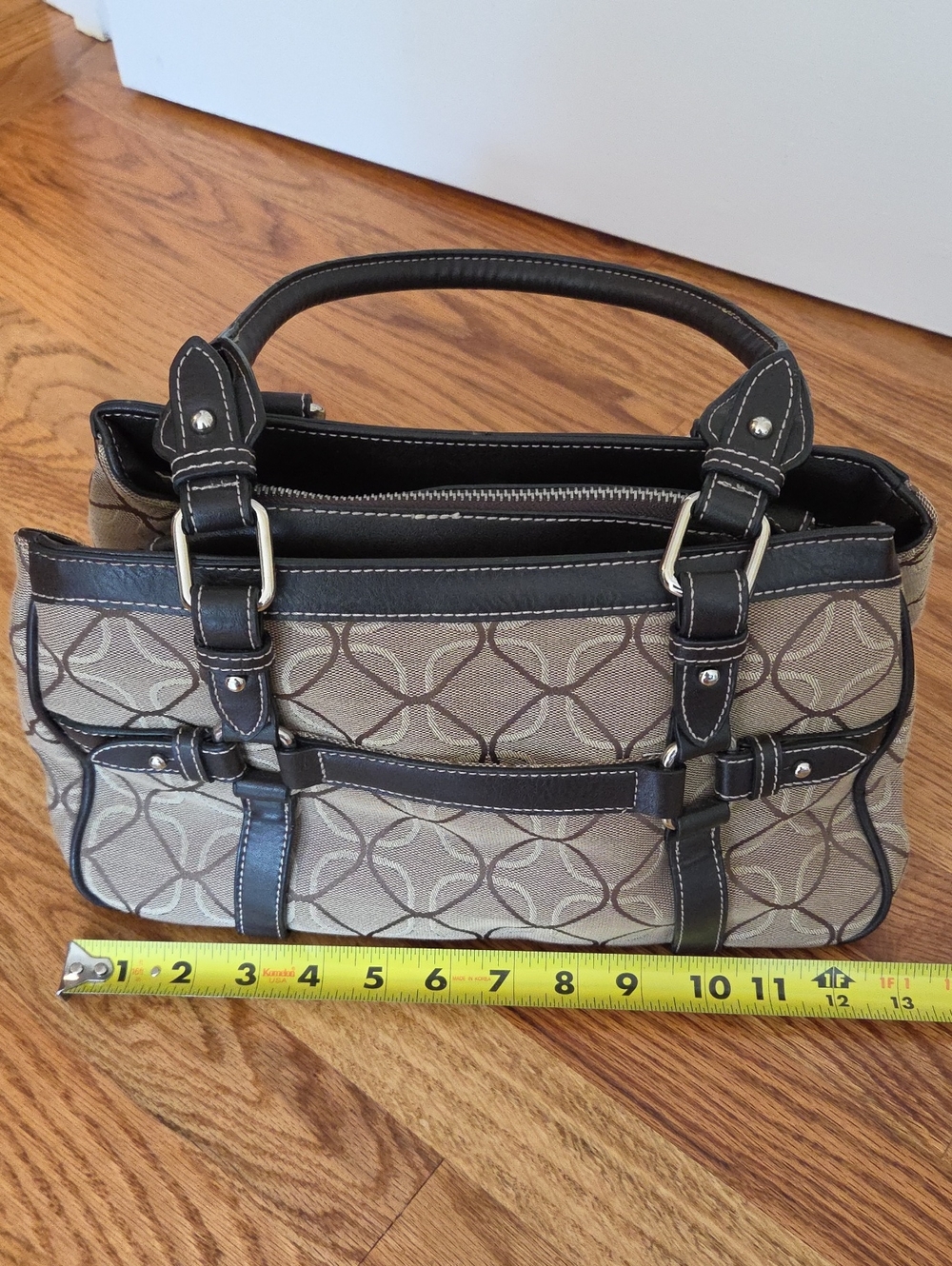 Vtg Nine West Beige Patterned Satchel/ Over Shoulder Bag with Dark Brown Trim - Picture 11 of 15